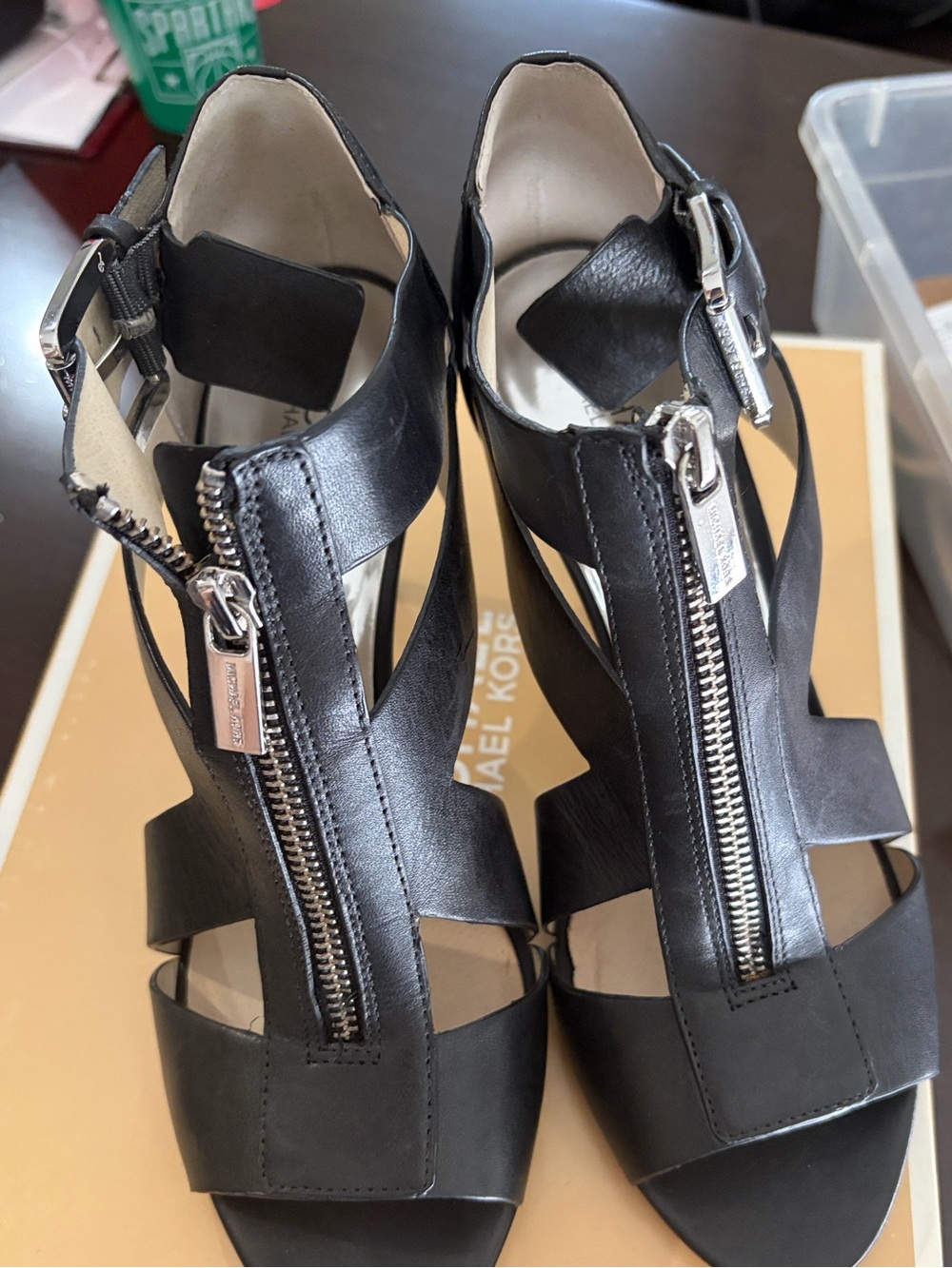 Michael Kors Black Leather Front-Zip Gladiator Sandals